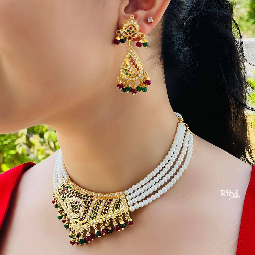 Vintage antique design handmade 22kt yellow gold navratan stone kundan jadau  necklace pendant set with earrings tribal jewelry india | TRIBAL ORNAMENTS