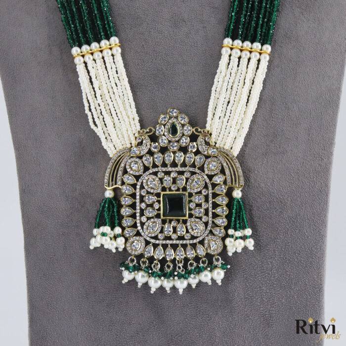 Malvika Kundan Long Necklace Set - Green