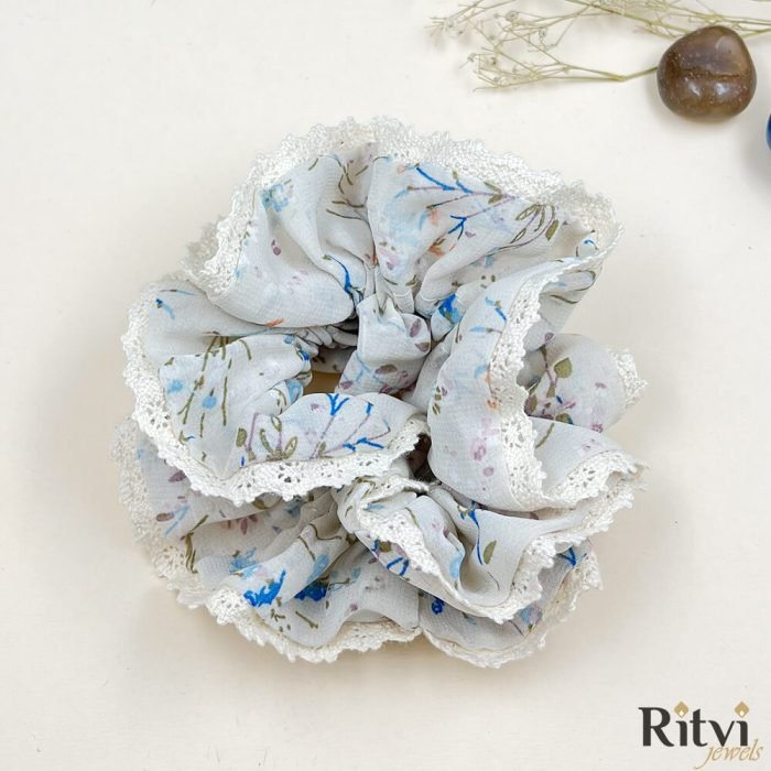 Ritvi Luxury Lace Printed Scrunchies - White Lace