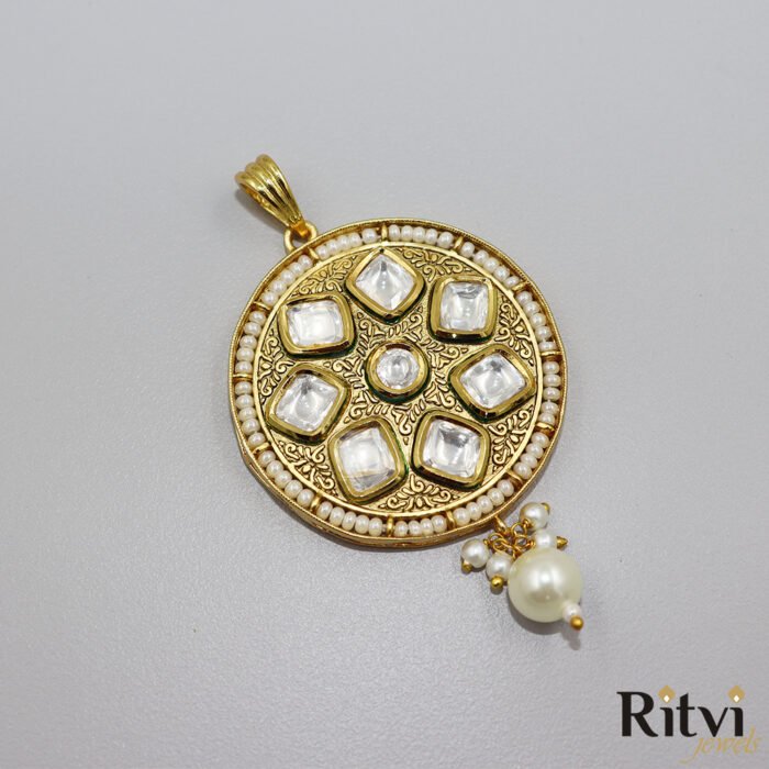 Ritvi Lakshita Gold Kundan Pendant with Earrings