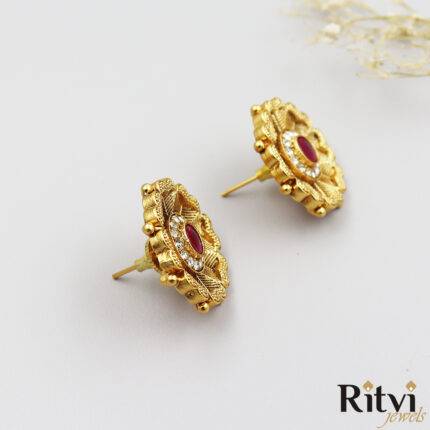 Ritvi Rhythm Antique Gold Studs (Ruby)