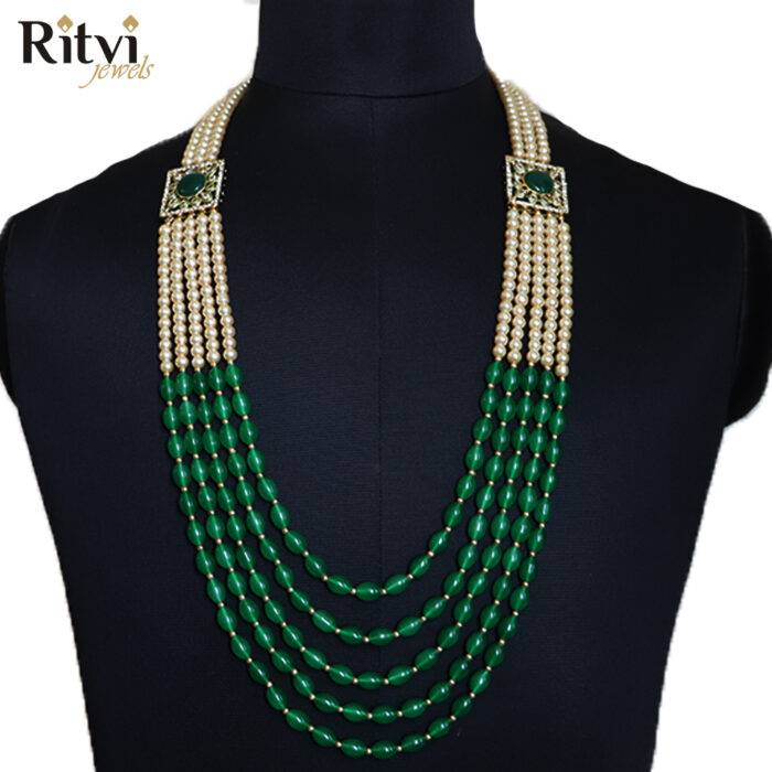 Ritvi Green & Gold Crystal Beaded 5 Line Sherwani Mala
