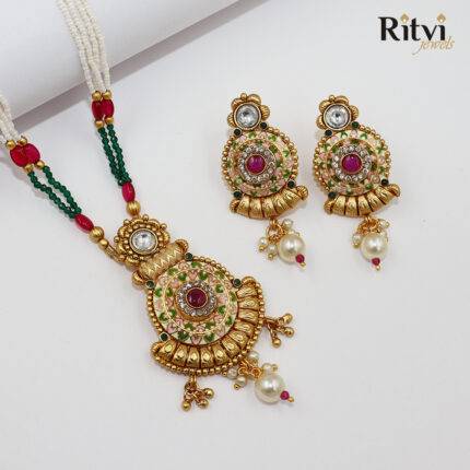 Ritvi Kareena Mint Meena Gold Polish Pendant Set