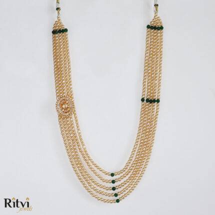 Ritvi Kavish Rose Gold Pearl Gold AD Sherwani Mala (Green)