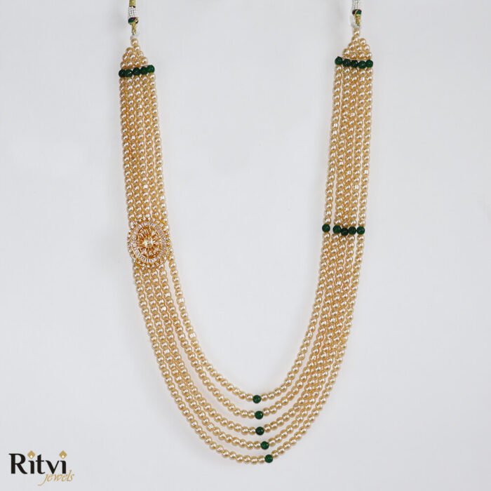 Ritvi Kavish Rose Gold Pearl Gold AD Sherwani Mala (Green)