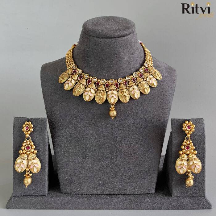 Ritvi Nirva Mint Meena Gold Polish Necklace Set