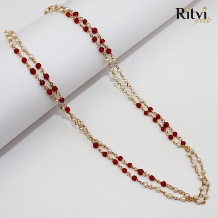 Ritvi Radha Handmade Pearl Beads Gold Mala (Ruby)