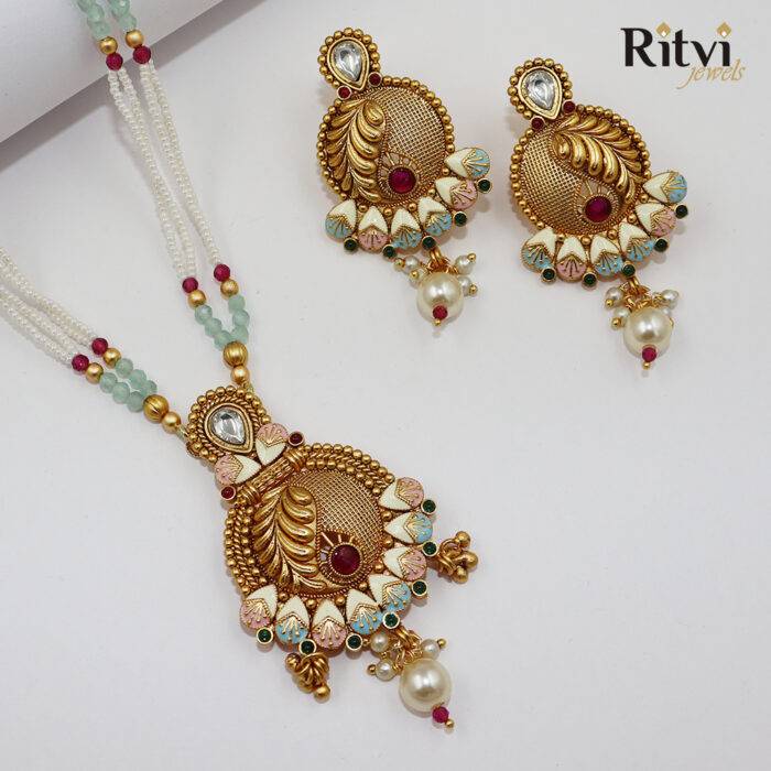 Ritvi Shristhi Mint Meena Gold Polish Pendant Set