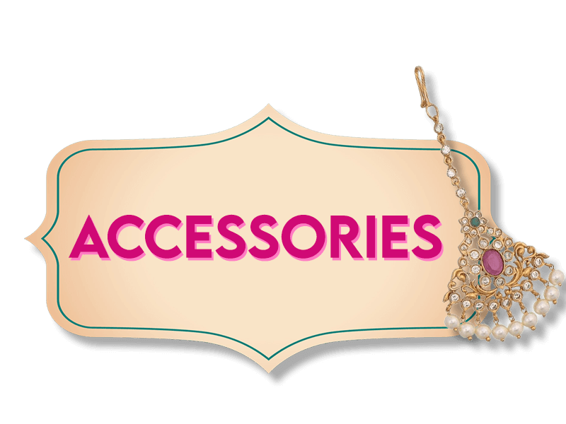 A decorative sign with the word "ACCESSORIES" in bold pink letters. Attached to the right side of the sign is an ornate piece of jewelry featuring a pink stone, intricate gold detailing, and a string of white pearls. The background is white.