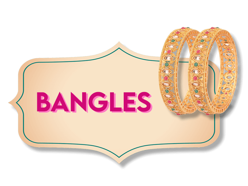 A decorative plaque with a beige background and an ornate border displays the word "BANGLES" in bold pink letters. Overlaying the right side are two intricately designed gold bangles adorned with colorful gemstones.