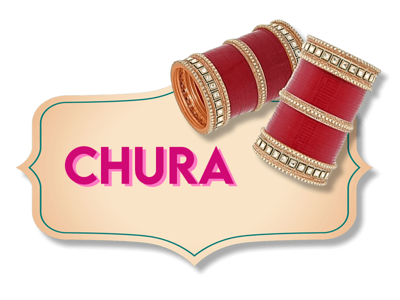 Image of traditional Indian bridal bangles called "chura." The chura is red with gold and white embellishments. The text "CHURA" is in bold pink letters on a beige, ornate label in the background.