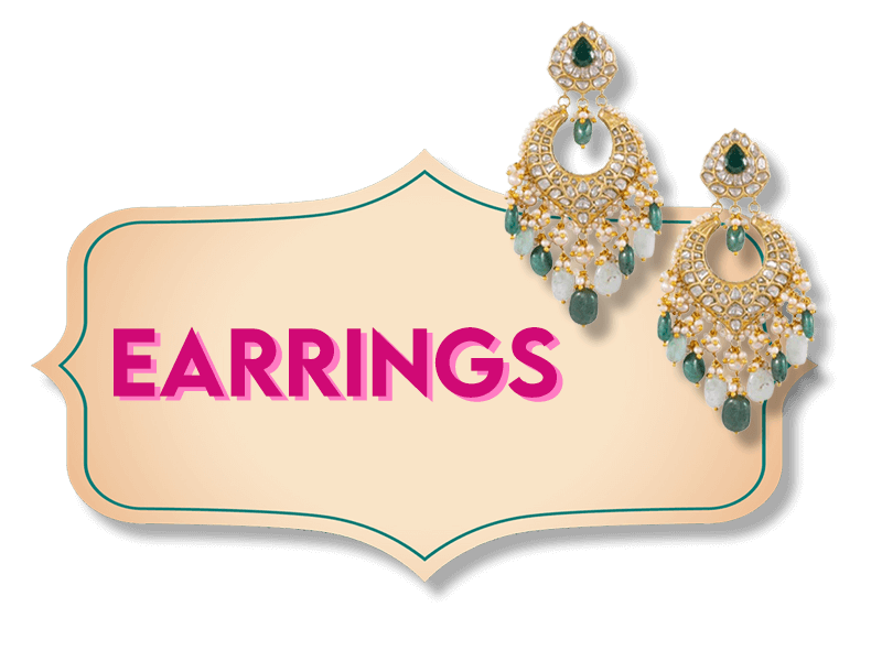 Pair of ornate gold chandelier earrings adorned with white and green gemstones displayed on a decorative beige plaque with a teal border and the word "EARRINGS" in bold pink text.