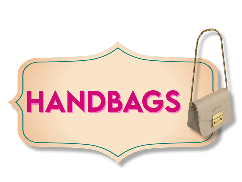 A beige handbag with a gold clasp and a chain strap is displayed next to a retro-style label. The label has pointed ends and a gold outline, and features the word "HANDBAGS" in large, bold, pink letters on a beige background.