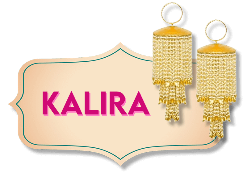 An intricate pair of golden earrings are displayed next to the word "KALIRA" written in bold pink letters on a beige, decorative vintage label. The earrings have a cascading design with numerous small golden chains hanging down.