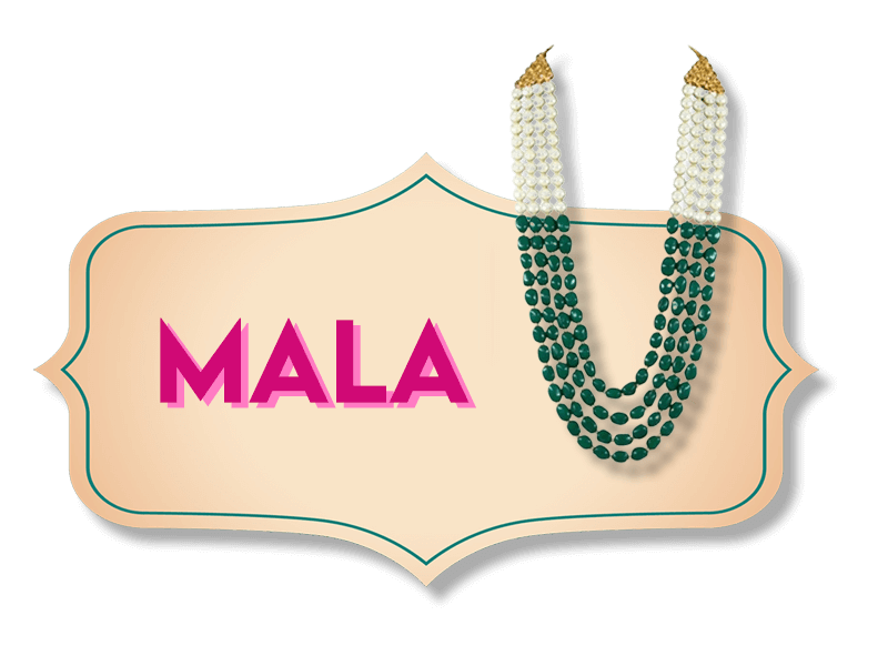 An illustration featuring a stylishly designed label with the word "MALA" in bold, pink letters at its center. Adjacent to the text is an image of a multi-strand pearl and green bead necklace draped over the label's edge.