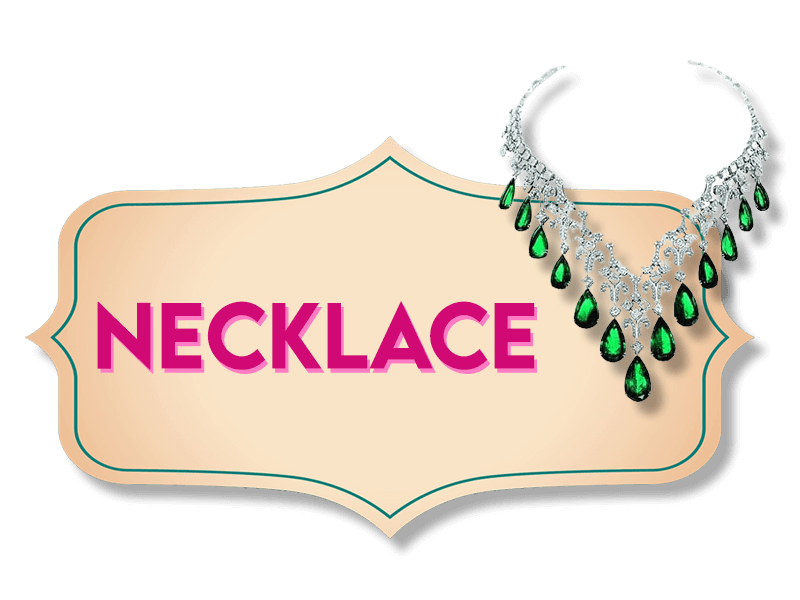 A decorative sign with the word "NECKLACE" in bold pink letters. Attached to the upper right corner of the sign is an elegant necklace adorned with large green teardrop gems and intricate silver detailing.