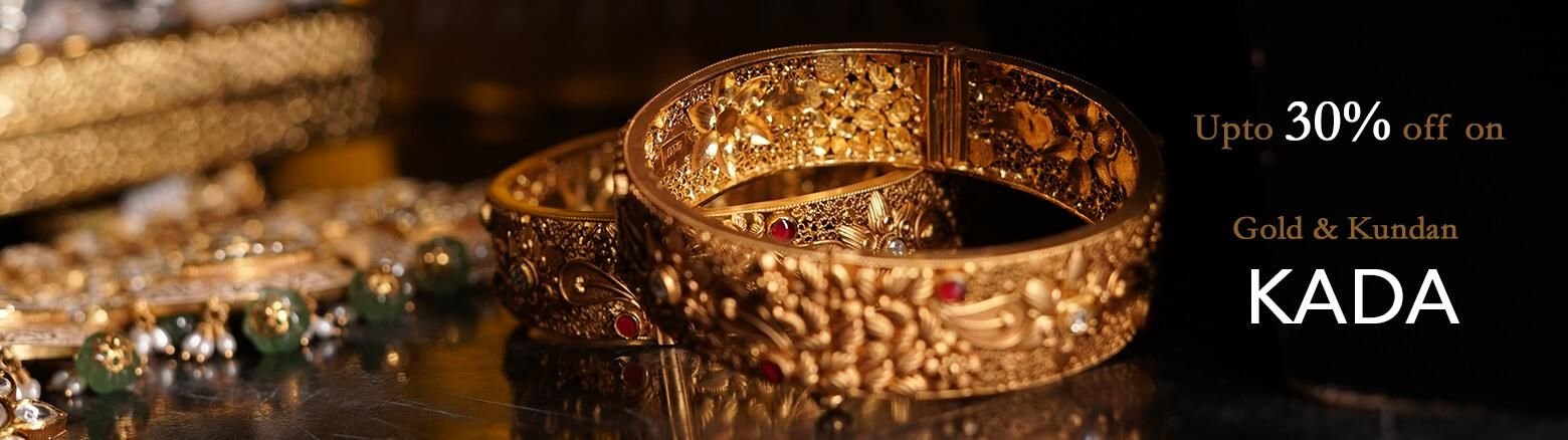 Image showcasing a close-up view of intricately designed gold and Kundan bangles (Kada). Text on the right reads "Up to 30% off on Gold & Kundan Kada." The background is adorned with blurred, elegant jewelry pieces, emphasizing a luxurious feel.