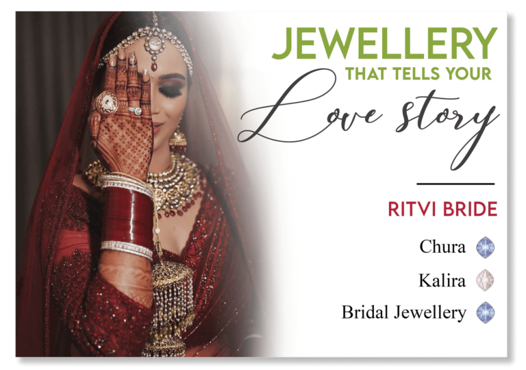 A bride in traditional attire covers half her face with her henna-decorated hand, showcasing intricate jewellery, including bangles, necklaces, and rings. The text reads, "JEWELLERY THAT TELLS YOUR Love story," and lists "Chura," "Kalira," and "Bridal Jewellery.