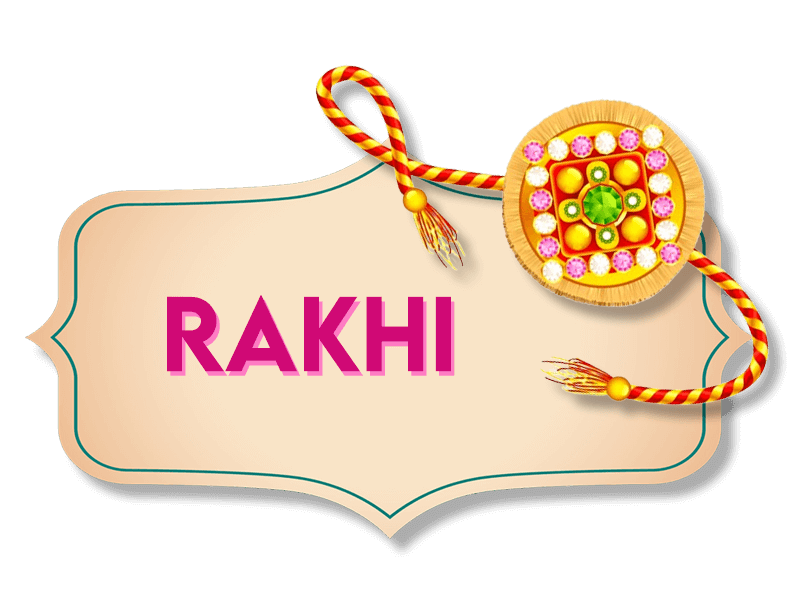 A decorative Rakhi, featuring a round, ornate design with a green gem in the center and pink embellishments, sits atop a beige label with the word "RAKHI" written in bold pink letters. The Rakhi has a traditional red and yellow braided string.