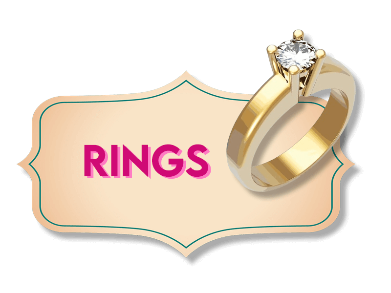 An elegant gold ring with a solitaire diamond is displayed next to a beige label with a decorative green border. The word "RINGS" is written in bold, pink capital letters on the label.