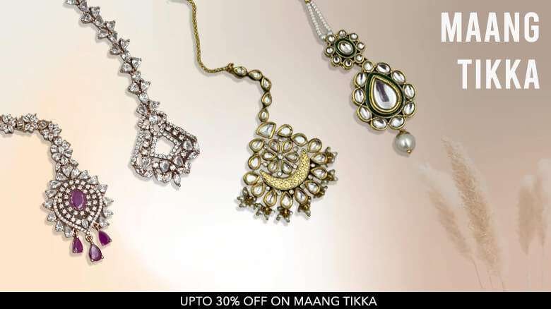 A set of five elaborate maang tikkas are displayed against a light background. The accessories feature intricate designs with gemstones and pearls. Text on the image reads "MAANG TIKKA" in the upper right corner and “UPTO 30% OFF ON MAANG TIKKA” at the bottom.