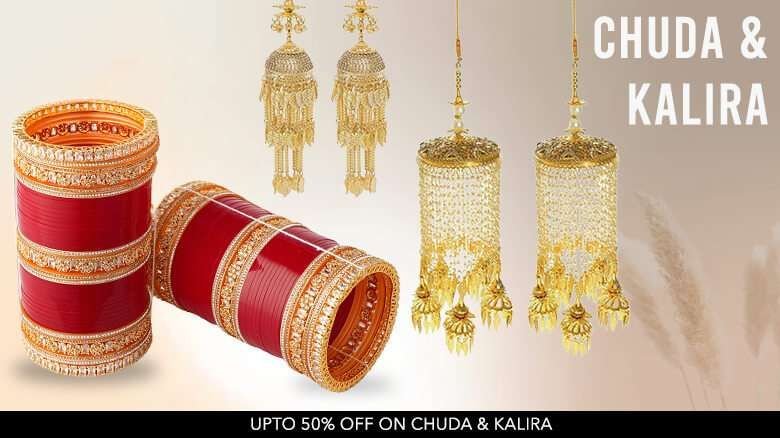 Image displaying red and gold chuda (traditional bridal bangles) and gold kalira (bridal accessories) against a light background. Text reads "CHUDA & KALIRA" with an offer of "UP TO 50% OFF ON CHUDA & KALIRA" at the bottom.