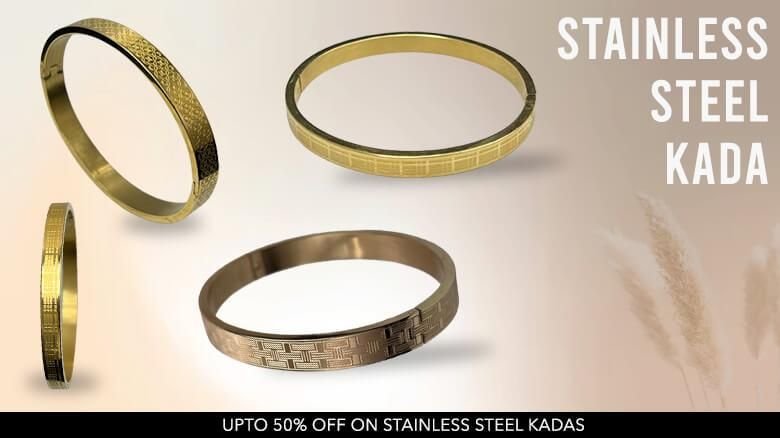 Image of four stainless steel kadas (bracelets) in various designs and finishes displayed on a light background. On the top right, the text reads "STAINLESS STEEL KADA" and at the bottom, a banner states "UPTO 50% OFF ON STAINLESS STEEL KADAS".