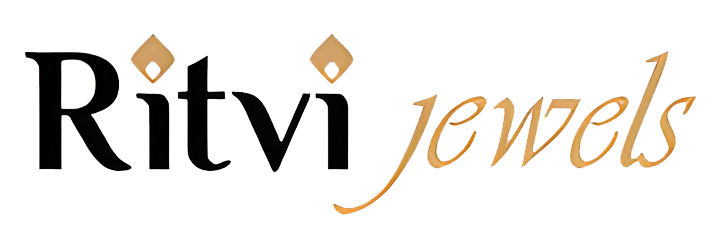 Logo of ritvi jewels. ritvi is in black colour and jewels is in golden colour