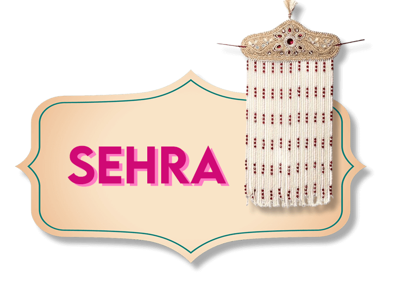 A decorative image featuring the word "SEHRA" in bold pink letters on a beige background with a decorative frame. To the right of the text, an ornate accessory with white and red beaded tassels is attached, adding an elegant touch to the design.