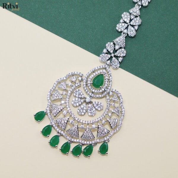 Jagvi Green Diamond Silver Maang Tikka