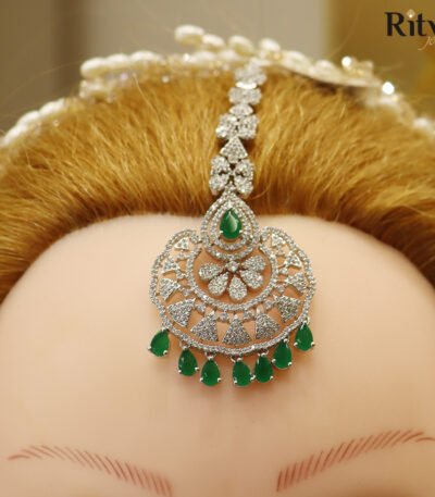 Jagvi Green Diamond Silver Maang Tikka