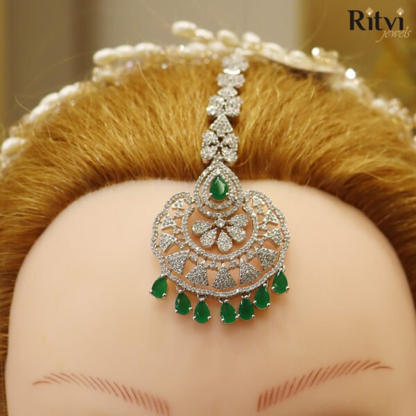 Jagvi Green Diamond Silver Maang Tikka