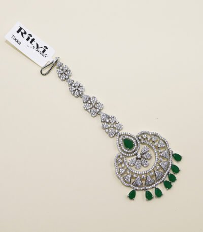 Jagvi Green Diamond Silver Maang Tikka