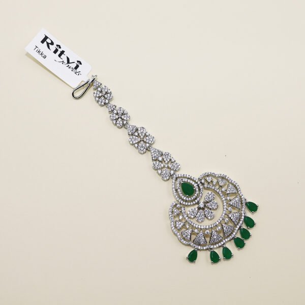 Jagvi Green Diamond Silver Maang Tikka