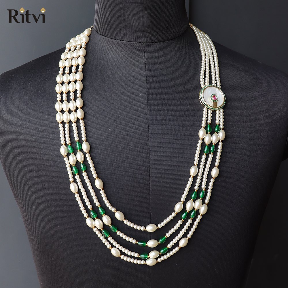 6-6.jpg Ritvi Sea Green & White Pearl 4 Line Sherwani Mala - Image 1