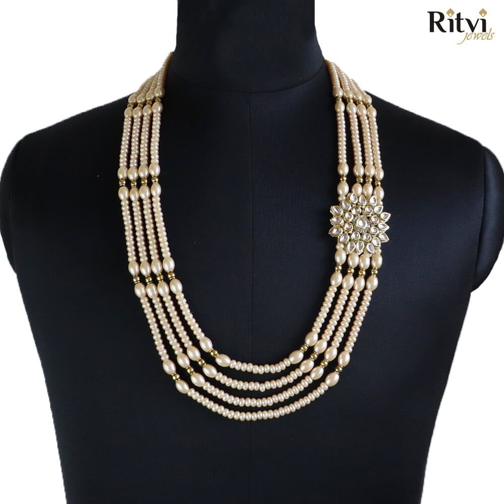 Ritvi-Four-Layer-Rose-Gold-Pearl-Kundan-Sherwani-Mala-1.jpg Ritvi Four Layer Rose Gold Pearl Kundan Sherwani Mala - Image 1