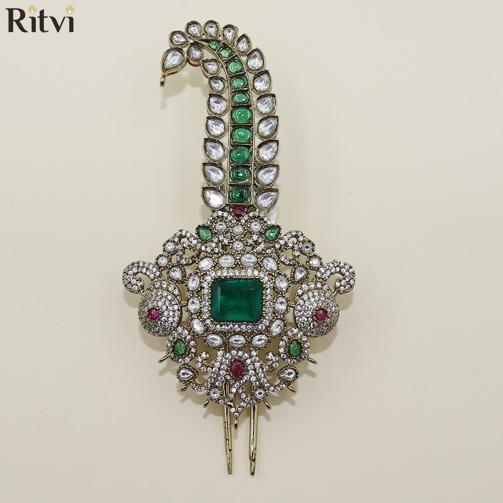 green-kalgi.jpg Majestic Emerald Peacock Kundan Kalgi - Image 1