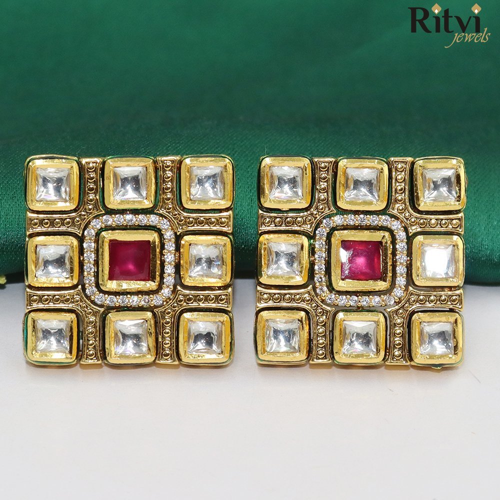 square-red-kundan-studs.jpg Regal Ruby Square Studs - Image 1