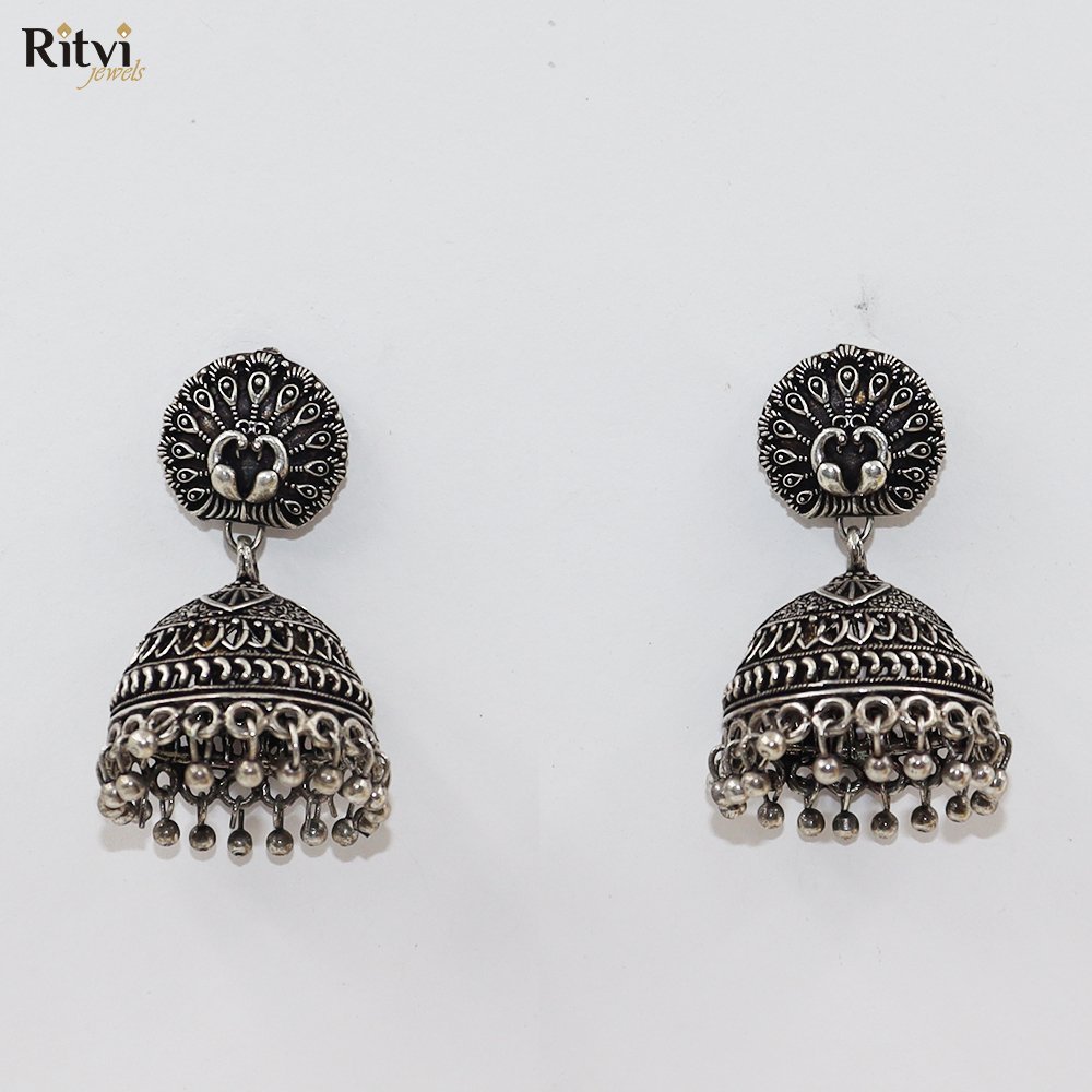 vaidya.jpg Saiyara Peacock Oxidised Jhumki - Image 1