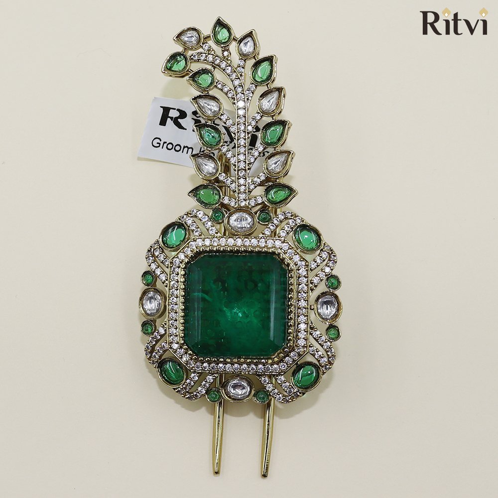 GREEN-STONE-KALGI.jpg Majestic Emerald Kundan Kalgi - Image 1