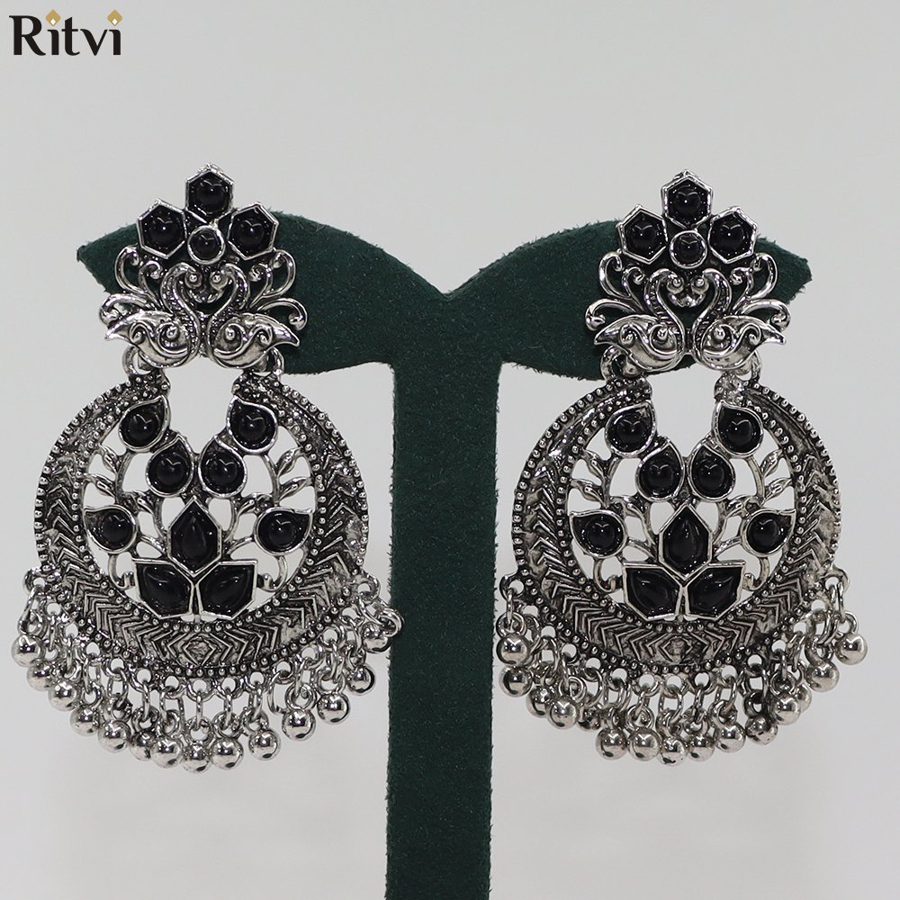 peacock-oxidised-earrings-2.jpg Oxidised Regal Bloom Chandbalis - Image 1